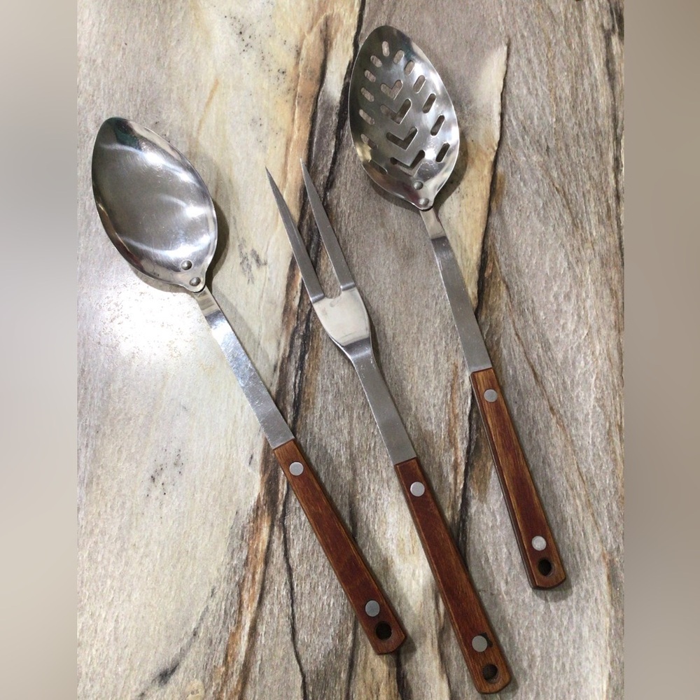 Vintage Japan Stainless Steel 3 Pc Serving Set Wood Handle Spoon Fork Utensils